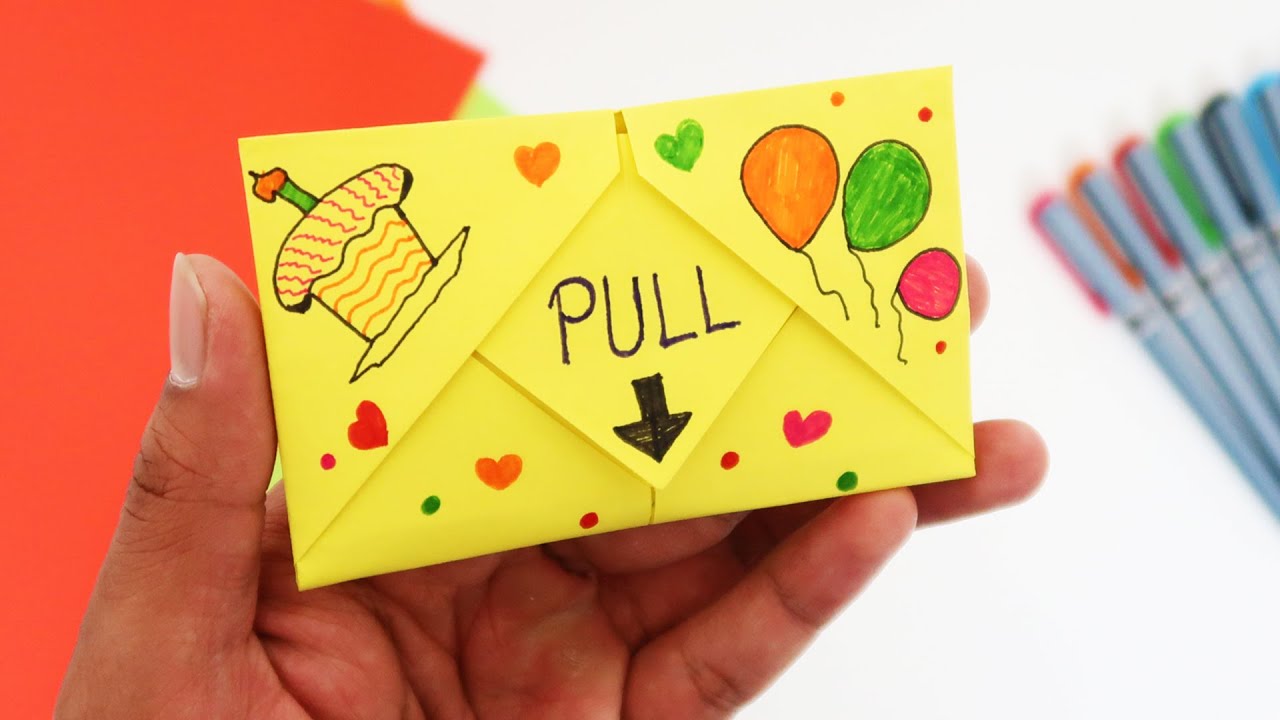 Paper SURPRISE MESSAGE CARD  Pull-Tab Origami Envelope 