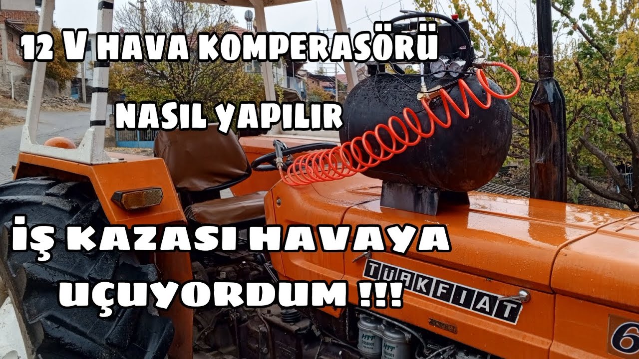 Homemade air compressor using 12v car compressor for Turkish Fiat 640 tractor / 12 v hava komprasörü