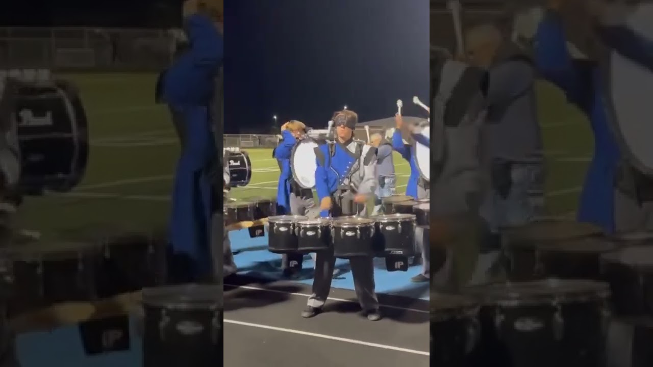 Blindfolded marching band drummer. Badass! @hamburger_drumming on Instagram 