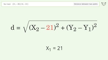 Find the distance between two points p1 (21,-26) and p2 (13,-61): Step-by-Step Video Solution