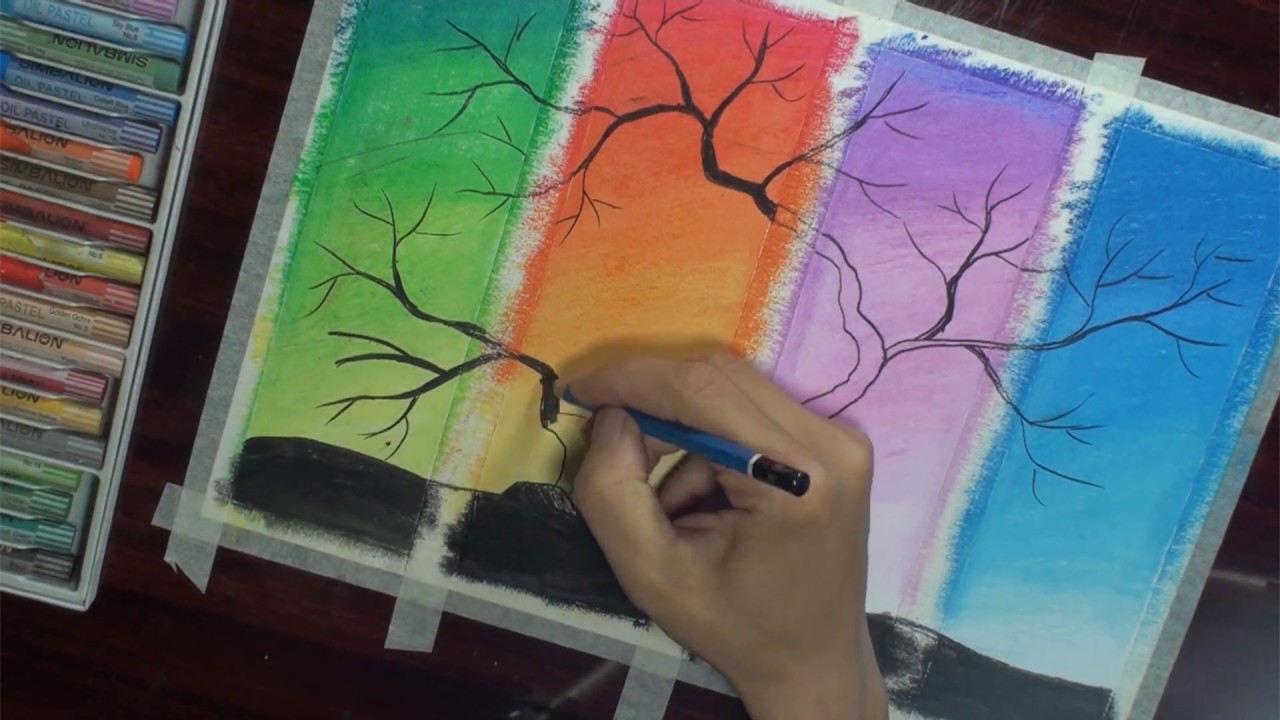 Hướng dẫn vẽ tranh bốn mùa / Cách vẽ tranh bằng màu sáp / Cách vẽ tranh tứ  quý - YouTube