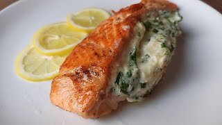 Salmon with cream cheese and spinach for a romantic dinner.