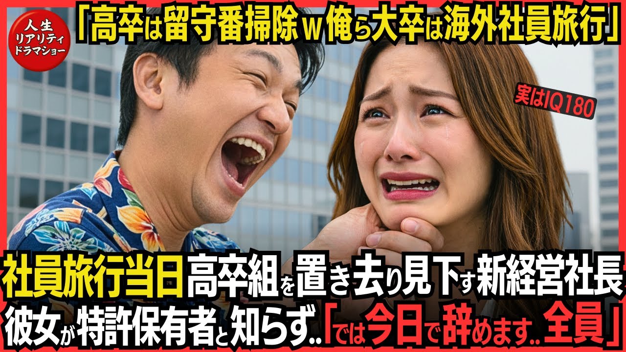 「高卒は留守番掃除ｗ大卒は海外社員旅行」社員旅行当日、IQ180特許保有者と知らず高卒の私を置き去り見下す新経営陣の新社長。当日「では今日で辞めます！仲間全員引き連れて」因果応報#泣ける話 #感動