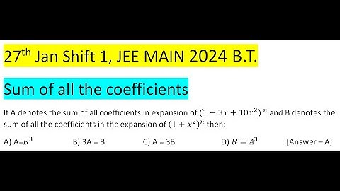 If A denotes the sum of all coefficients in expansion of 〖(1-3x+10x^2) 〗^n  and B denotes the sum of