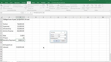 Excel estimate how to pay off a college loan using PMT function and goal seek