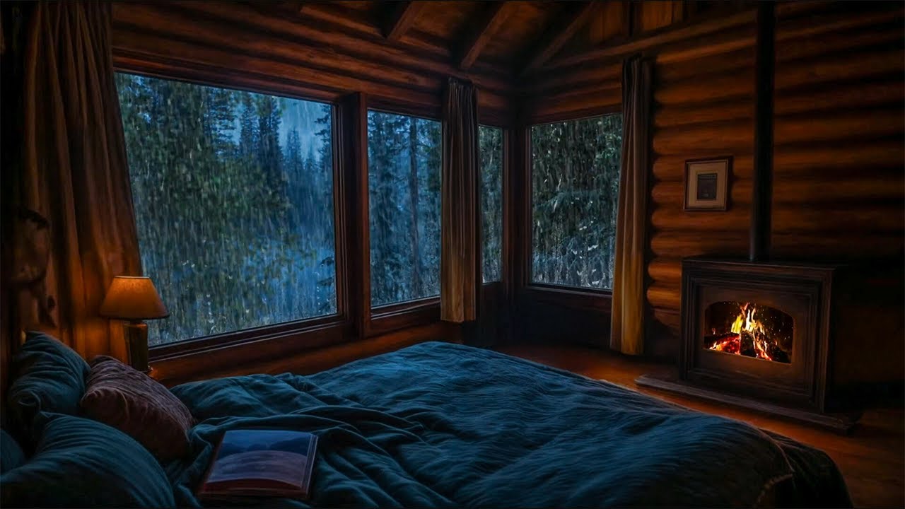 Fall Asleep to Forest Rain 🌧️ Cozy Cabin Fireplace Ambience for a ...