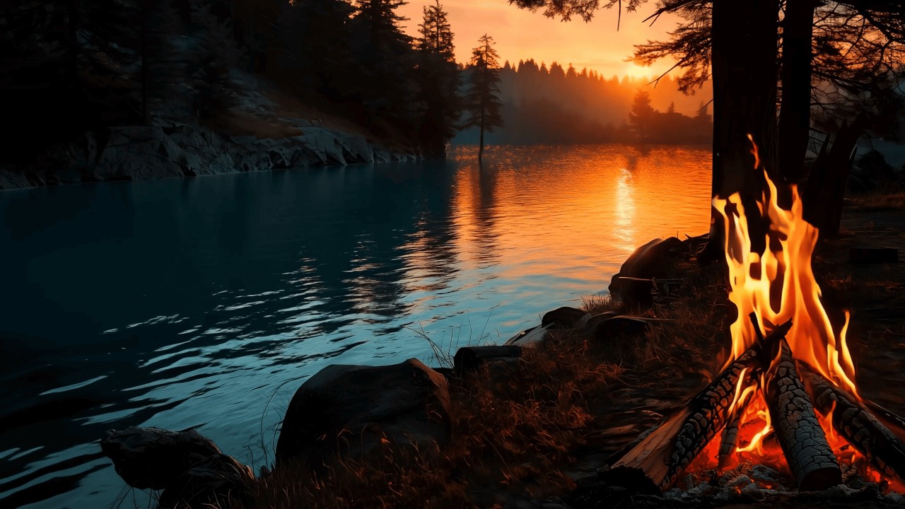 Ultra-Relaxing Spring Sunset by the Turquoise River 🔥 Forest Campfire Ambience (4K ASMR)