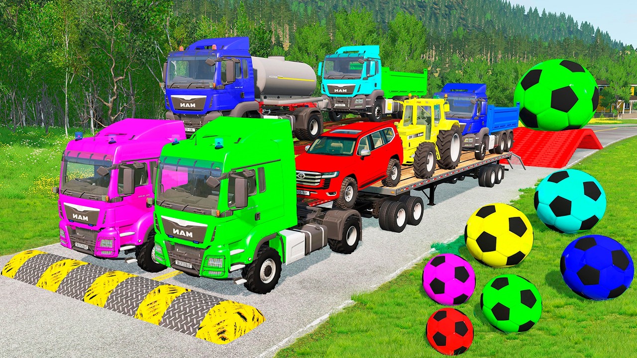 Flatbed Trailer McQueen Transportation with Truck - Speedbumps vs Cars vs Train - BeamNG.Drive #47