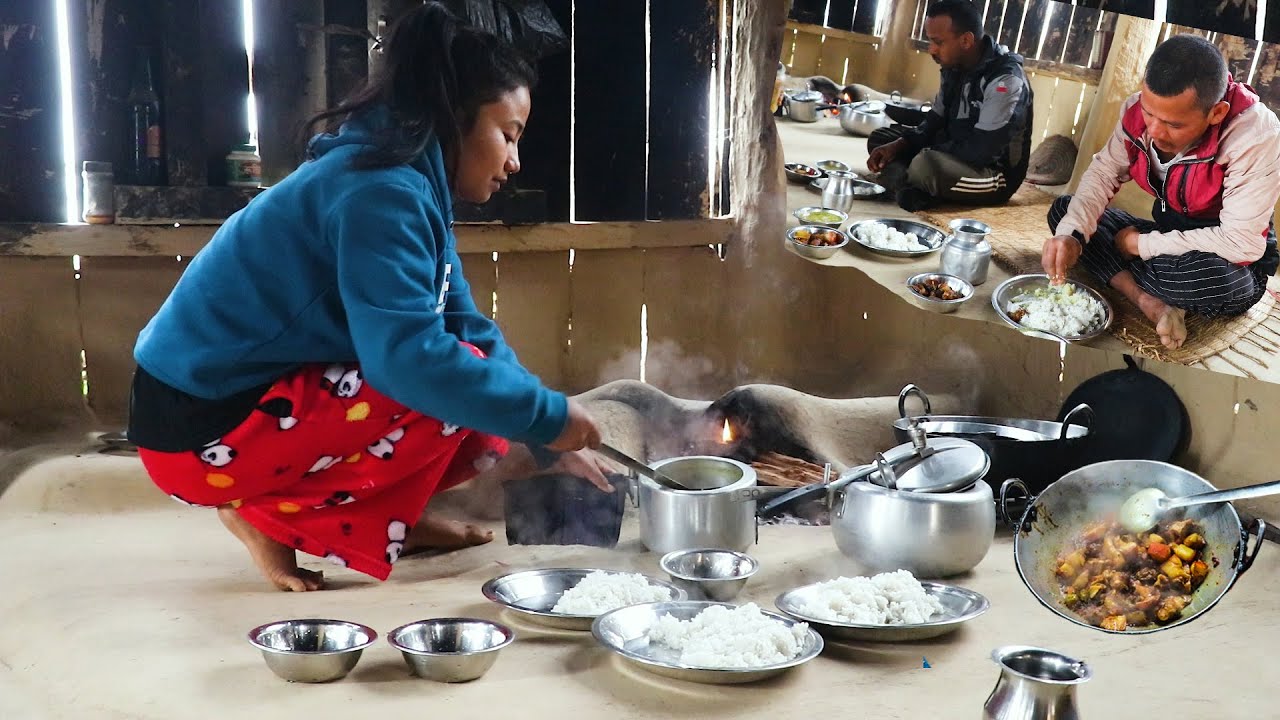 Traditional Country Life nepali village food eating cooking
