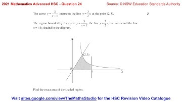 2021 Maths Advanced HSC Q24 Find area between curves involving line 3x/2 & hyperbola 3/(x-1)