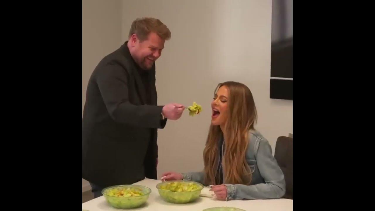 James Corden feeds Khloe Kardashian salad YouTube