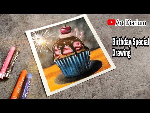 Easy! Birthday Cupcake Drawing with Oil Pastel for Beginners - Step by Step