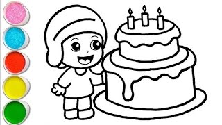 Cute Pocoyo With Birthday Cake Drawing, Painting and Coloring For Kids and Toddlers_ Easy Drawing