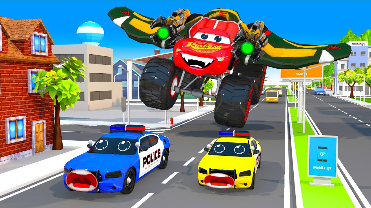 Dramatic chase Mcqueen plane can catch the Police Car army? Police car win?