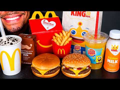 ASMR MCDONALD'S VS BURGER KING JR KIDS HAPPY MEAL BATTLE REVIEW EATING SOUNDS TOYS FRIES ICE CREAM