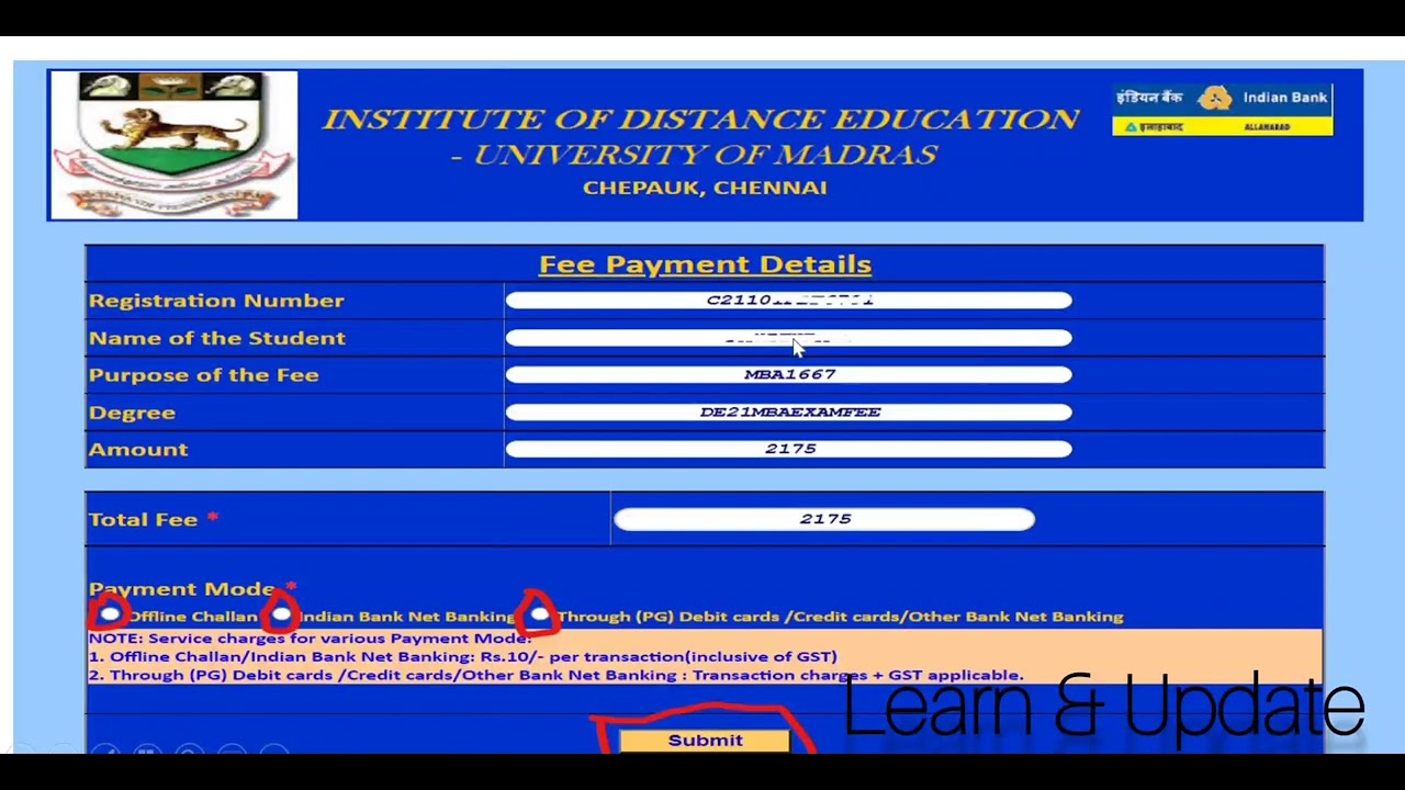 OFFLINE EXAM FEES - MADRAS UNIVERSITY DISTANCE EDUCATION