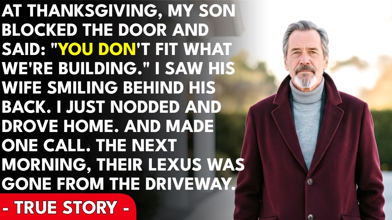 The morning of Thanksgiving, I stood on the porch of the house I paid for, holding a pie my late wife taught me to make. My son stepped outside and pulled the door half shut. "What are you doing...