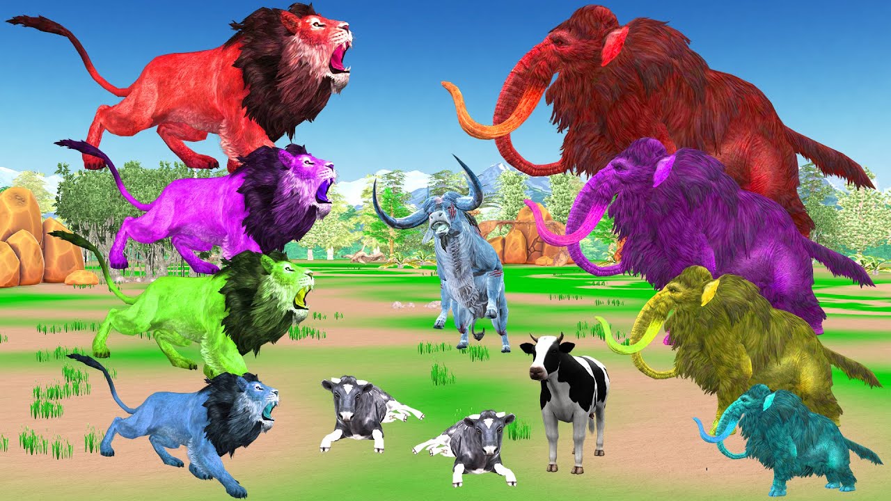 10 Zombie Lions vs 10 Zombie Mammoths Fight Cartoon Cow Rescue By Woolly Mammoth Wild Animal Revolt