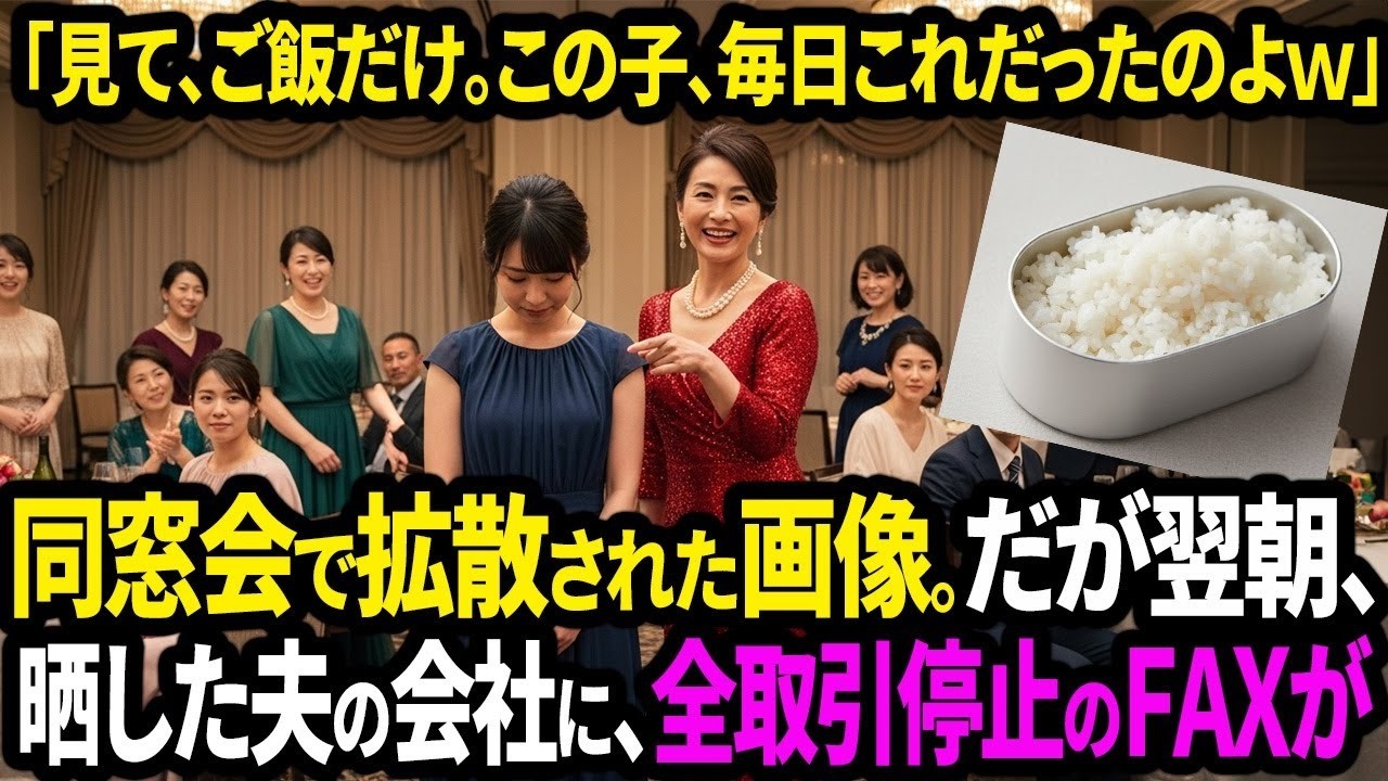「これが毎日持ってきてた弁当w 白ごはんだけ。ねぇウケない？」同窓会でスマホを回して嘲笑された女性。だが翌朝、晒した側の夫の会社に“全取引停止”ファックスが届いた【面白きかな人生】