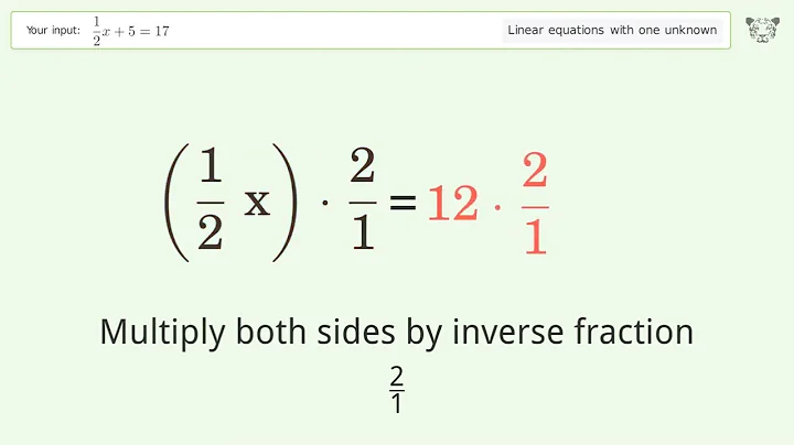Linear equation with one unknown: Solve 1/2x+5=17 step-by-step solution