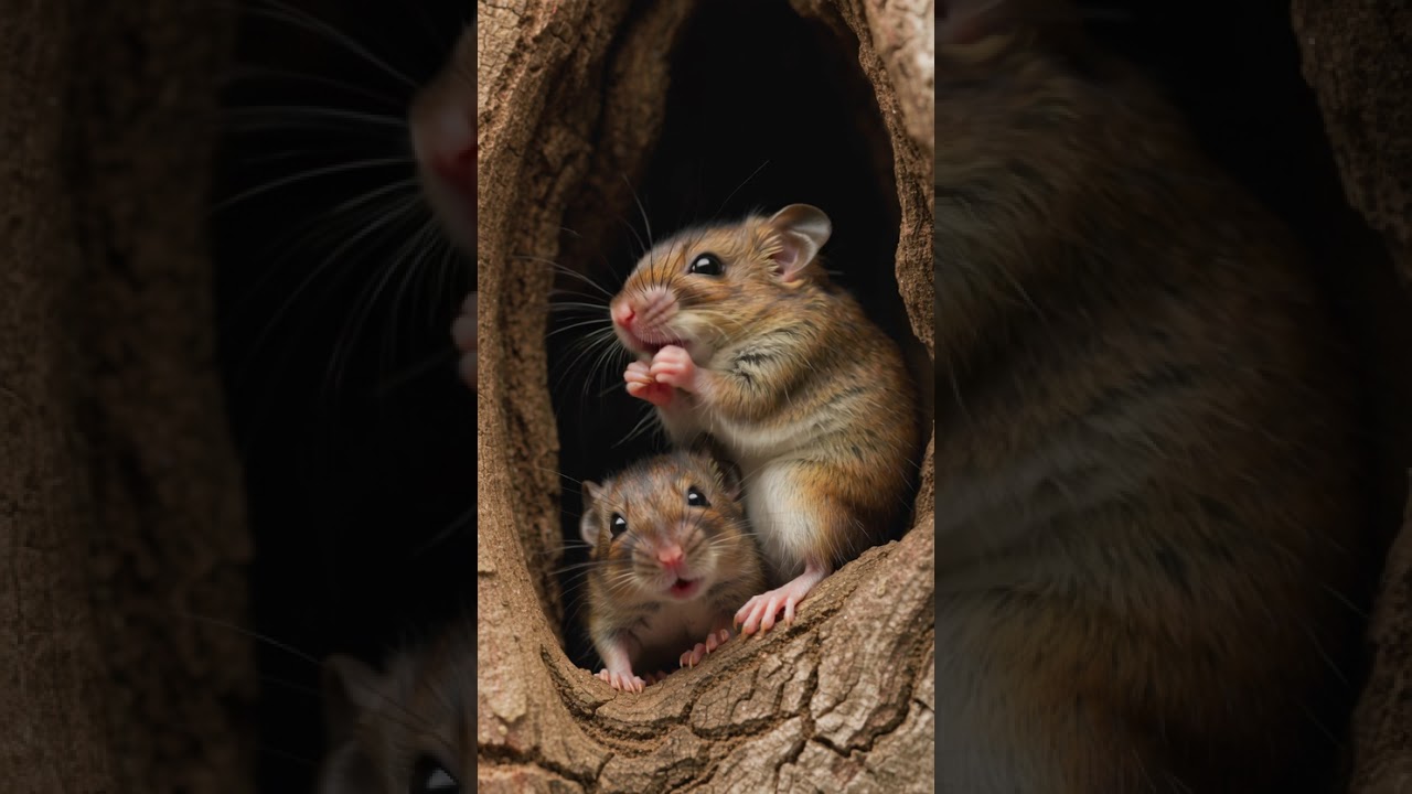 Two baby mice peeping out from their nest 