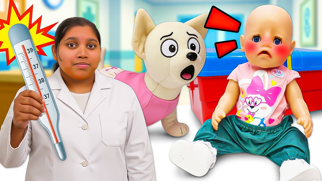 Baby Emily doll is sick and Barbie the doll doctor rushes for help. Friends look after the doll.