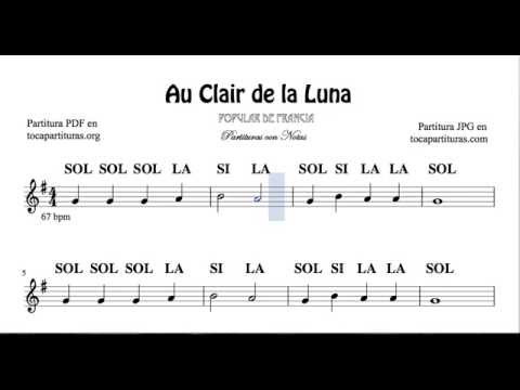 Au Clair de la Luna Partitura fácil con Notas de Flauta Violín ...