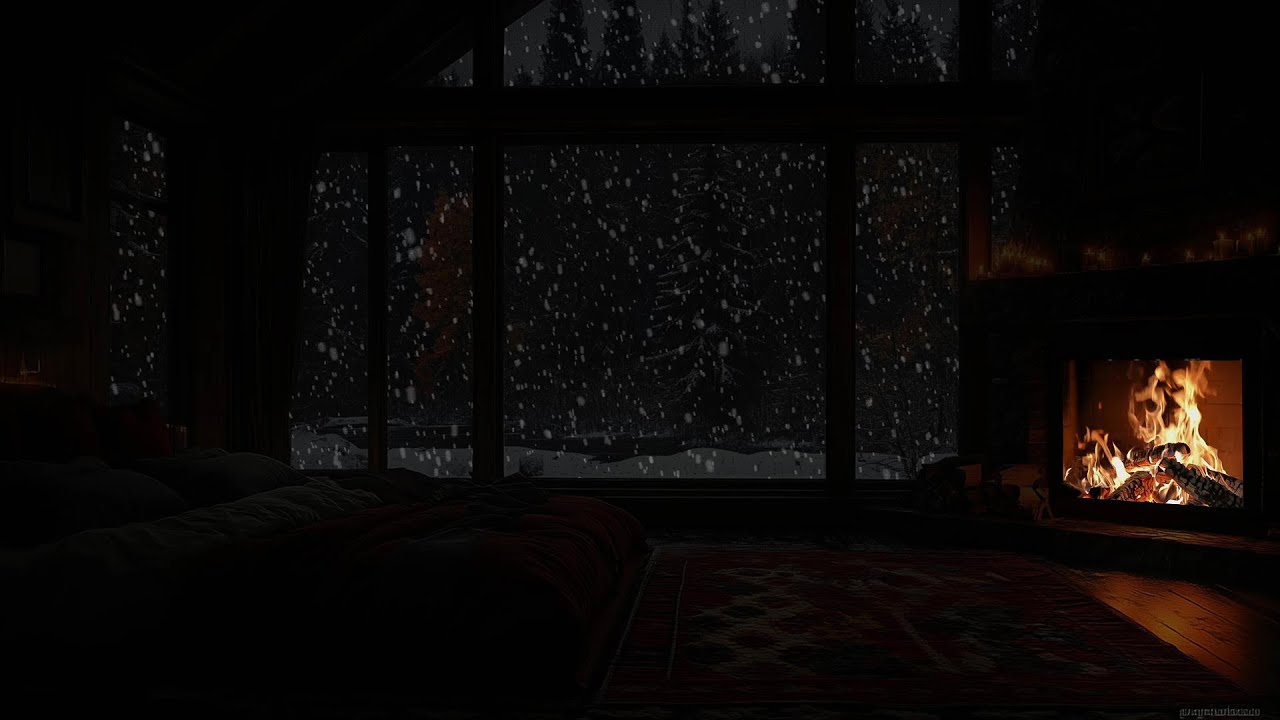 Fireplace and Snowfall Sounds for Sleep🔥Warm Cabin Night Ambience to relax, Study & Work ( No Ads )