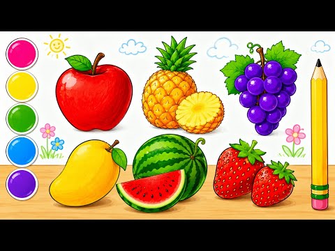 Fruits Drawing, Painting & Coloring for Kids 🍎🍌 | Learn Fruit Names and Colors for Toddlers