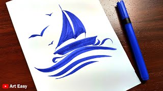 Sea And A Boat Drawing With A Single Color pen || Simple and Easy Drawing