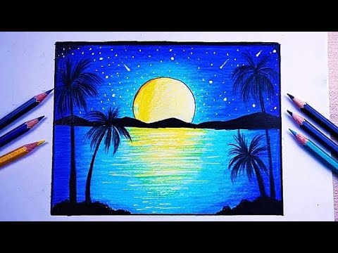 วาดภาพวิวทะเลยามค่ำคืนด้วยสีไม้ How to draw scenery - YouTube