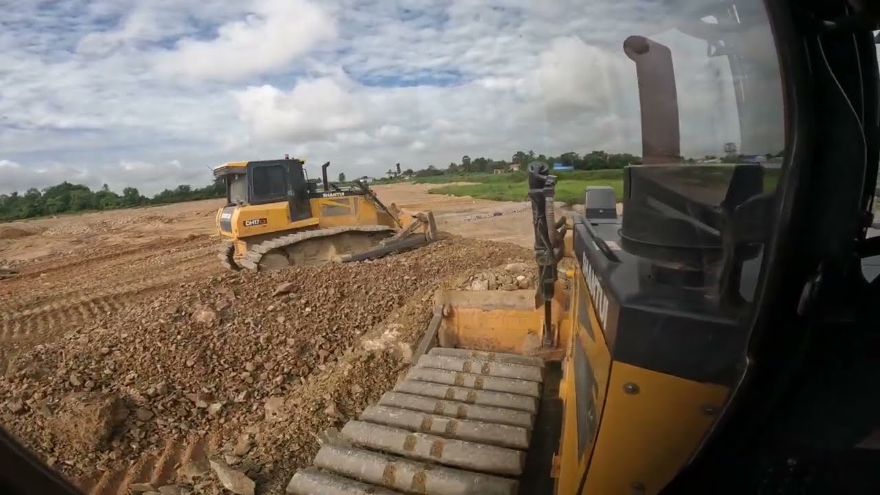 Technique Operator Inside Cabin Bulldozer Operation Pushing Clearing Big Pile of Soil and Stone