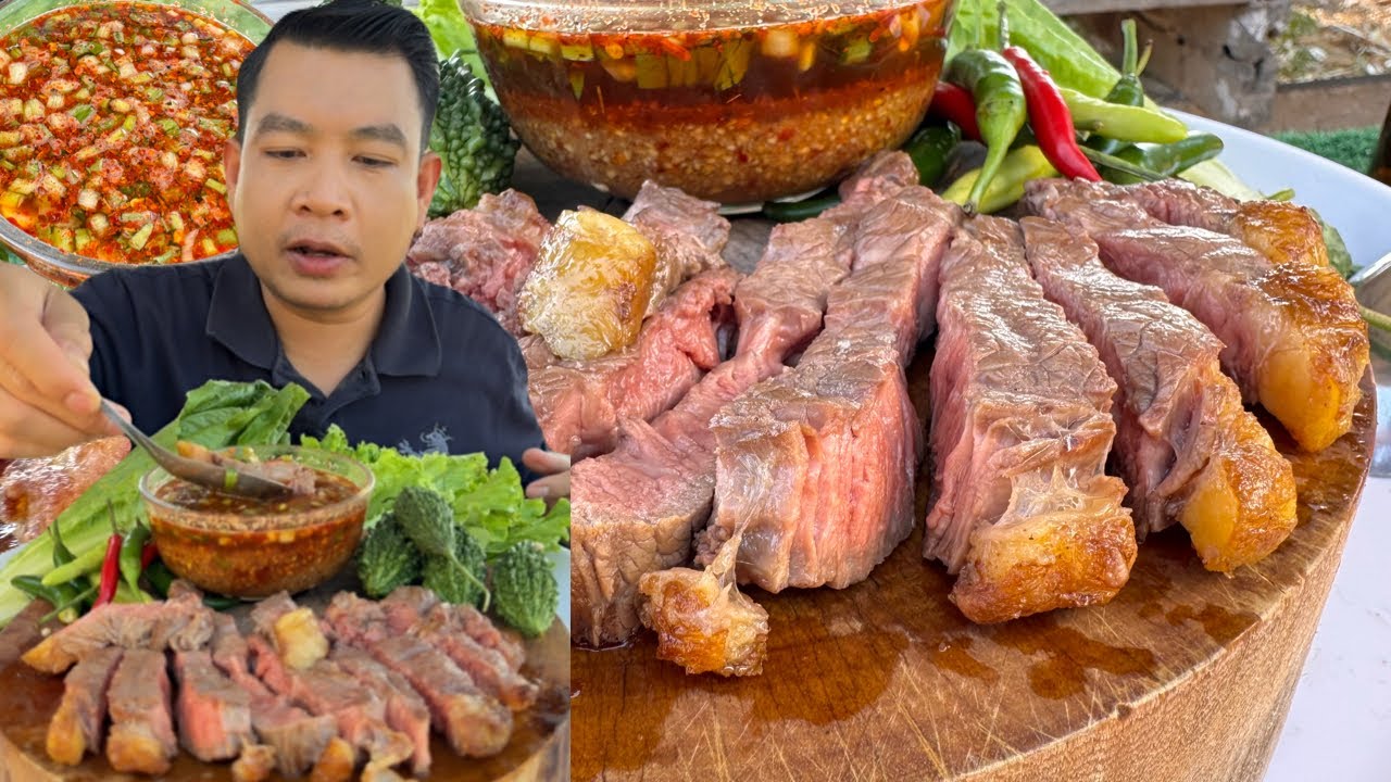 เนื้อสันนอกย่างเกลือ แจ่วขม เข้ากันคักกับเอ็มเปิดฝา จ๊วดๆ