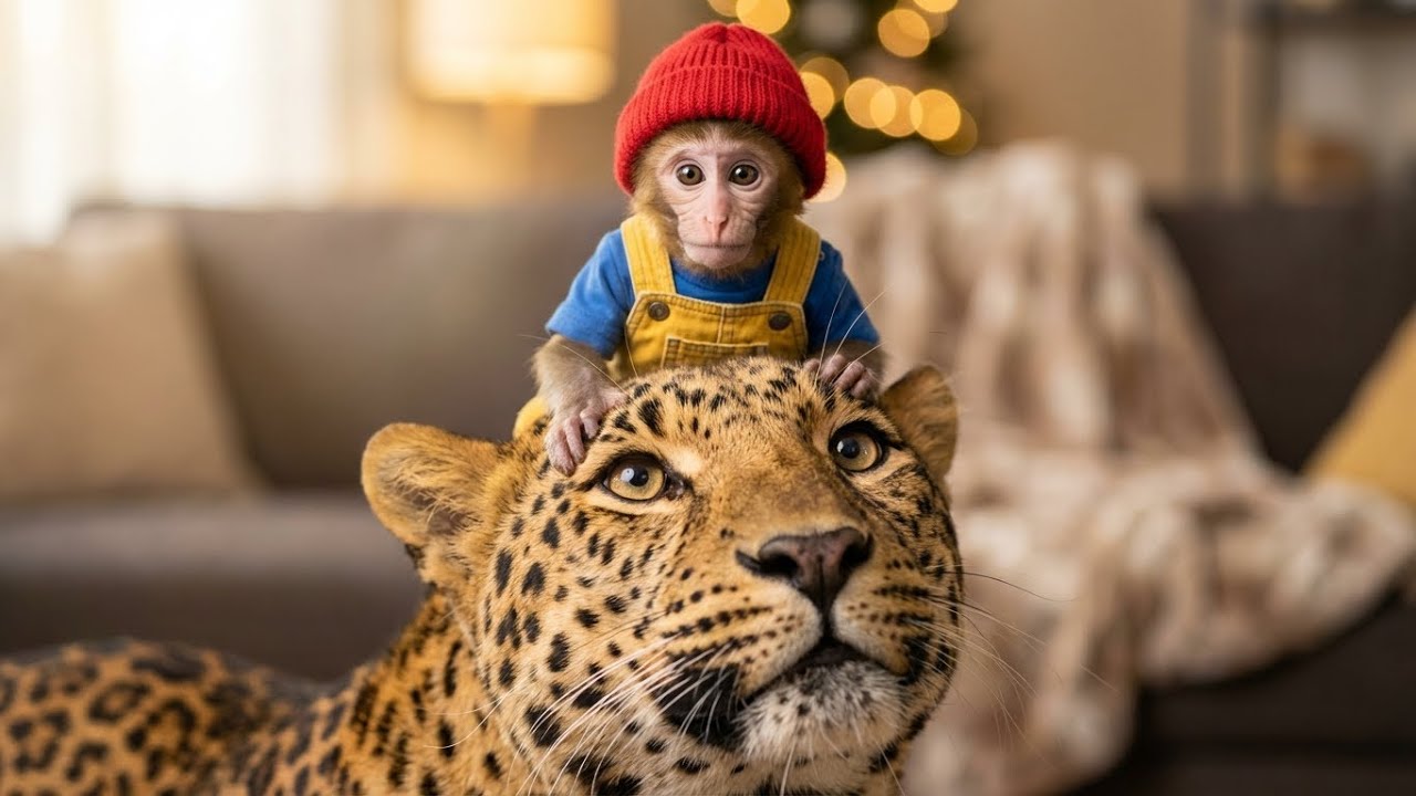 Baby Rhesus Macaque Living With Giant Leopard - Unlikely Animal Friendship | Cute Monkey Daily Life