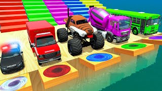 Monster Trucks Potholes Flatbed Long Trailer Truck Car Rescue  Cars vs Deep Water