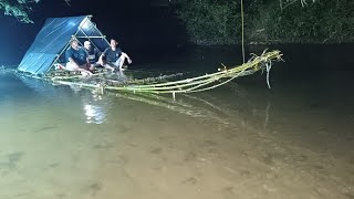 Camping in heavy rain // spending the night on a bamboo raft almost flash flood