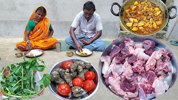 MUTTON CURRY recipe and how to cook KOCHU with Pui shak |Mutton cooking by tribal parents| village