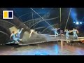 Performer falls from net after trampoline spring breaks