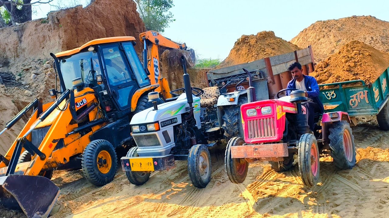 JCB 3dx Loading Tractor Stuck Mud in Small Mahindra 265 Eicher 333 Massey 241 with Trolley | 