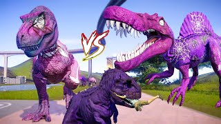 PURPLE SPIDERMAN vs JOKER vs PINK SPIDERMAN SUPERHERO DINOSAURS BATTLE - Jurassic World Evolution