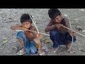 Primitive Technology !! Small Kids Made Bow and Arrow From Bamboo