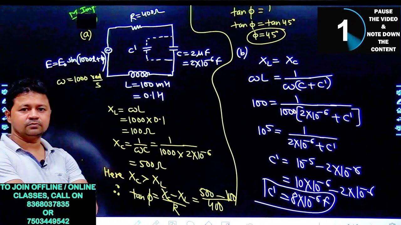 Determine the value of phase difference between the current and the voltage in the given series LCR