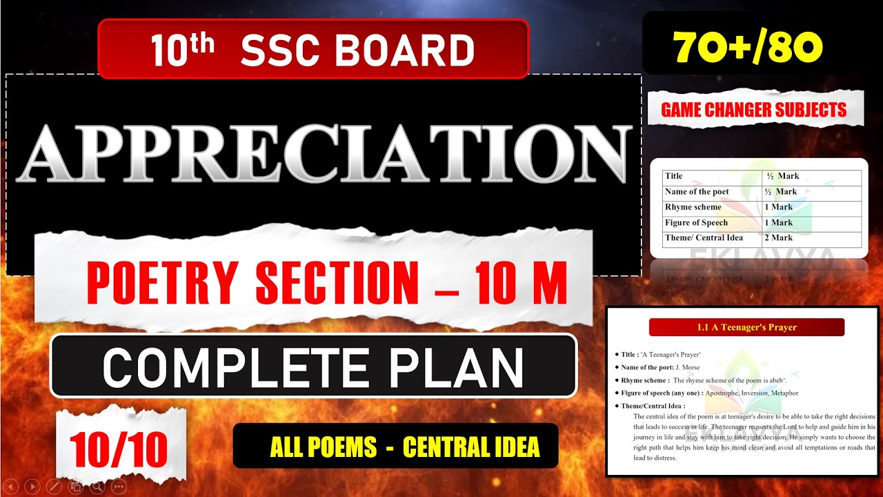 Appreciation| Poetry Section |10th English Board Exam |10th SSC Board Exam | All Poems Central Idea