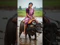 Women in Saree rides buffalo in heavy rain