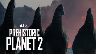 Herd of Isisaurus at volcanic basin - [Prehistoric Planet] season 2 episode 2