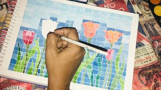 How to do mosaic art - mosaic water colour painting - tulip flowers - mosaic art for beginners