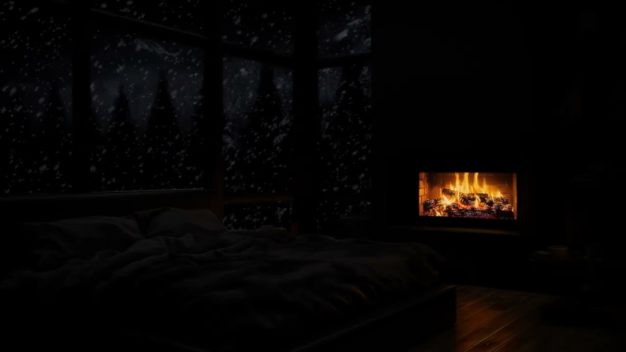 No Ads – Soothing Winter Ambience Hideaway🔥Snowfall & Crackling Fireplace for Deep Calm & Comforting