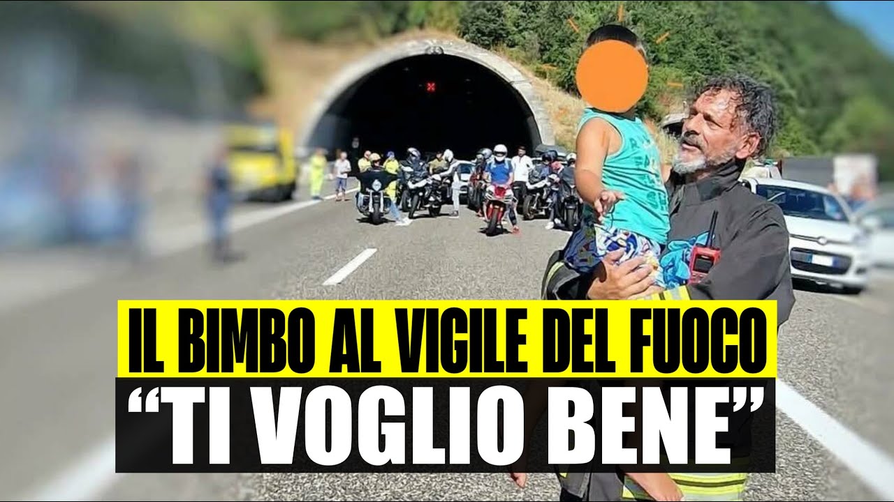 AUTO A GPL A FUOCO IN AUTOSTRADA, FAMIGLIA SALVATA. IL BIMBO AL VIGILE DEL FUOCO: “TI VOGLIO BENE”