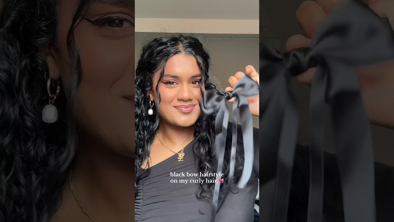 Black bow hairstyle on my curly hair 🎀 