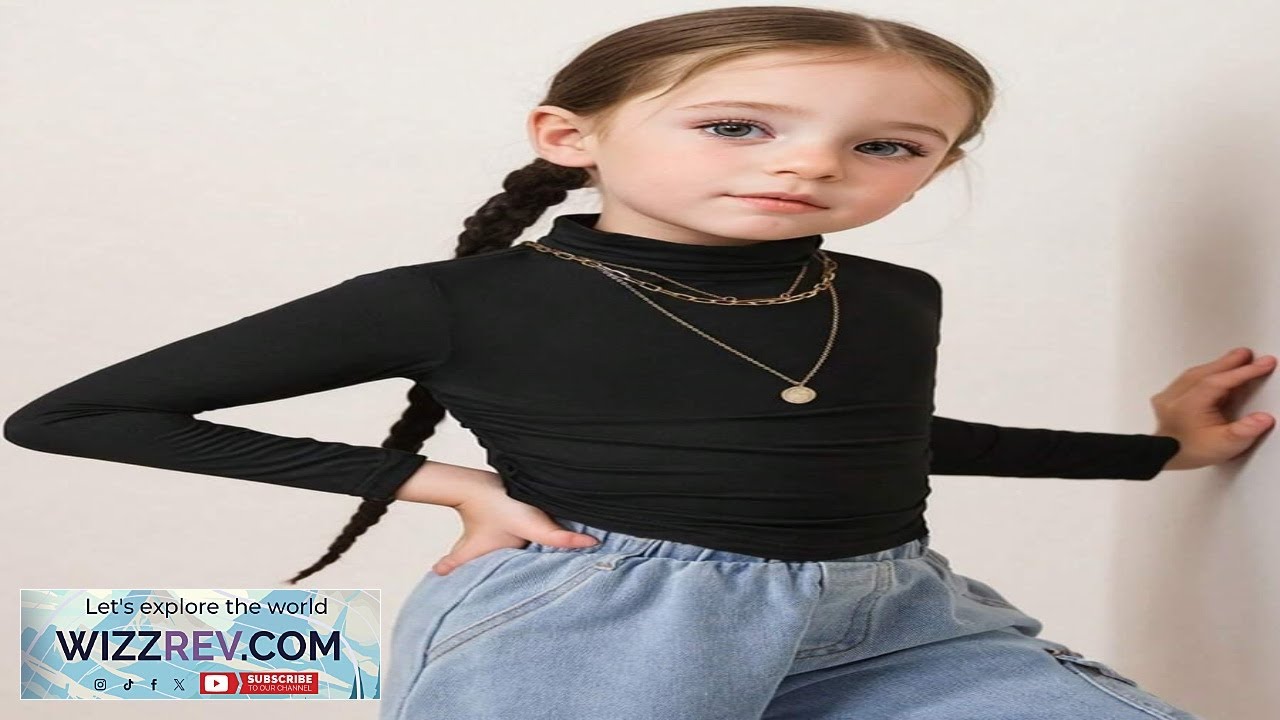 Young Girl Black Mock Neck Ruched Basics Solid Color Knit Tee Great